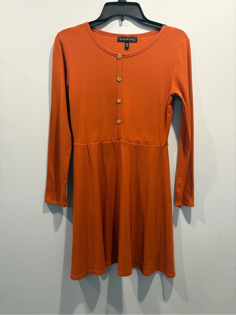 Derek Heart Rust Orange Ribbed Long Sleeve Button Front Skater Dress Sz 16